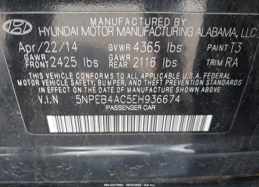 2014 HYUNDAI SONATA VIN: 5NPEB4AC5EH936674