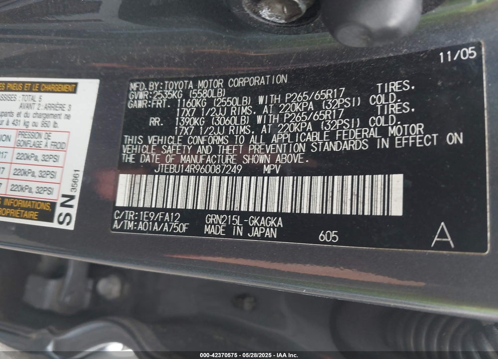 2006 TOYOTA 4RUNNER SR5 V6 VIN: JTEBU14R960087249