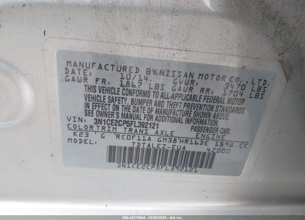 2015 NISSAN VERSA NOTE VIN: 3N1CE2CP5FL392121