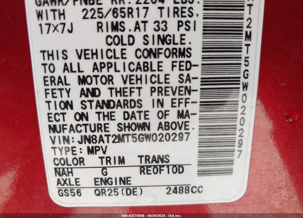 2016 NISSAN ROGUE VIN: JN8AT2MT5GW020297