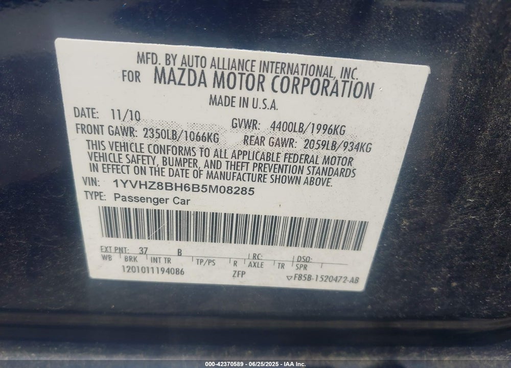 2011 MAZDA 6 I SPORT VIN: 1YVHZ8BH6B5M08285