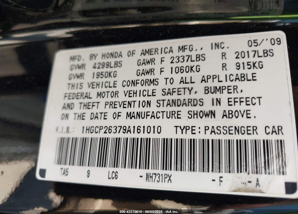 2009 HONDA ACCORD VIN: 1HGCP26379A161010