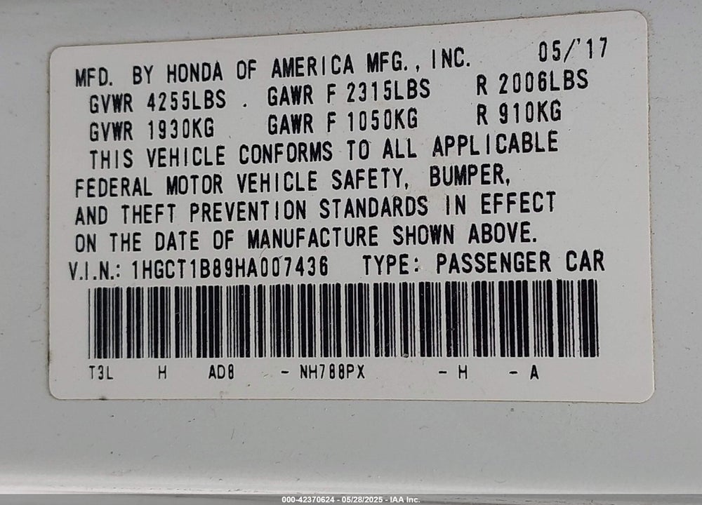 2017 HONDA ACCORD VIN: 1HGCT1B89HA007436