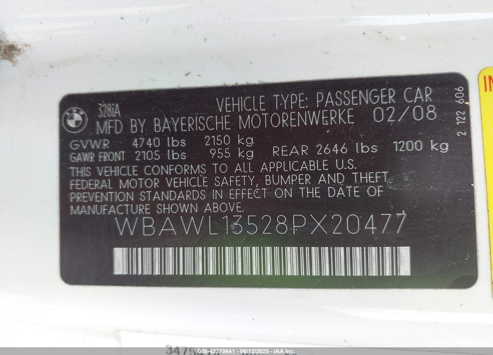 2008 BMW 3 SERIES VIN: WBAWL13528PX20477
