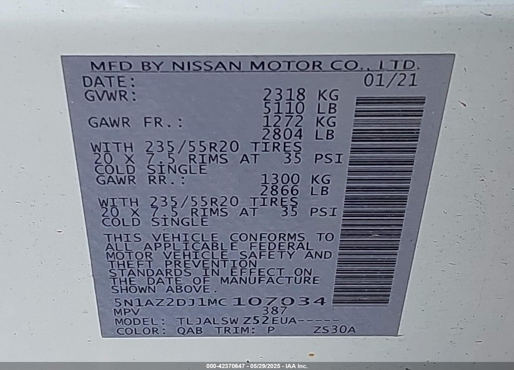 2021 NISSAN MURANO VIN: 5N1AZ2DJ1MC107034