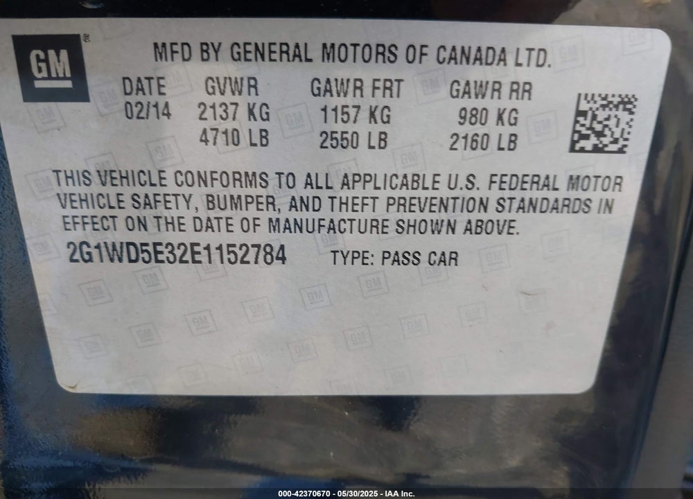 2014 CHEVROLET IMPALA LIMITED POLICE VIN: 2G1WD5E32E1152784