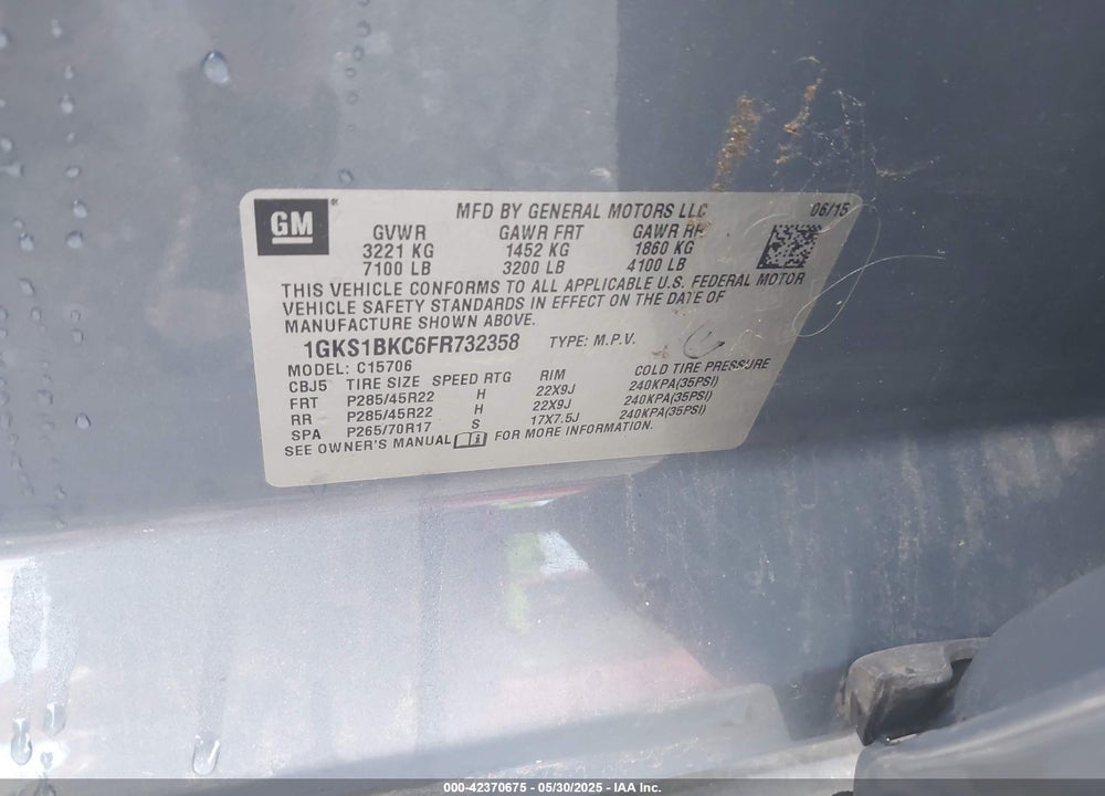2015 GMC YUKON VIN: 1GKS1BKC6FR732358