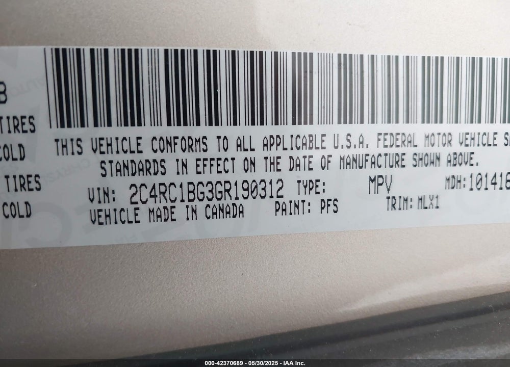 2016 CHRYSLER TOWN & COUNTRY TOURING VIN: 2C4RC1BG3GR190312