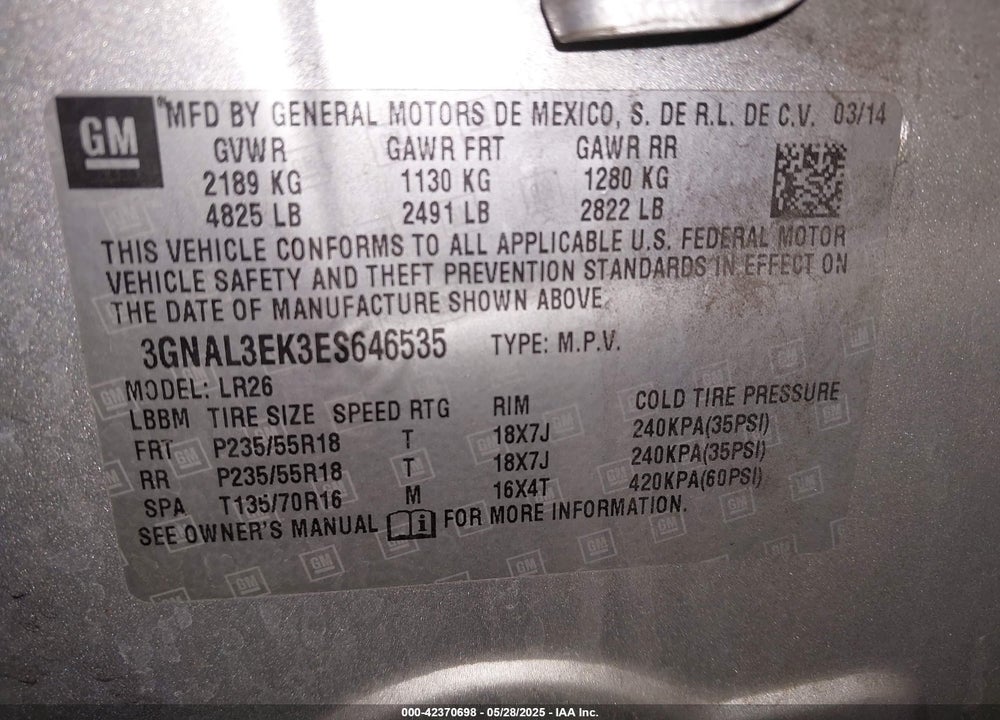 2014 CHEVROLET CAPTIVA SPORT VIN: 3GNAL3EK3ES646535