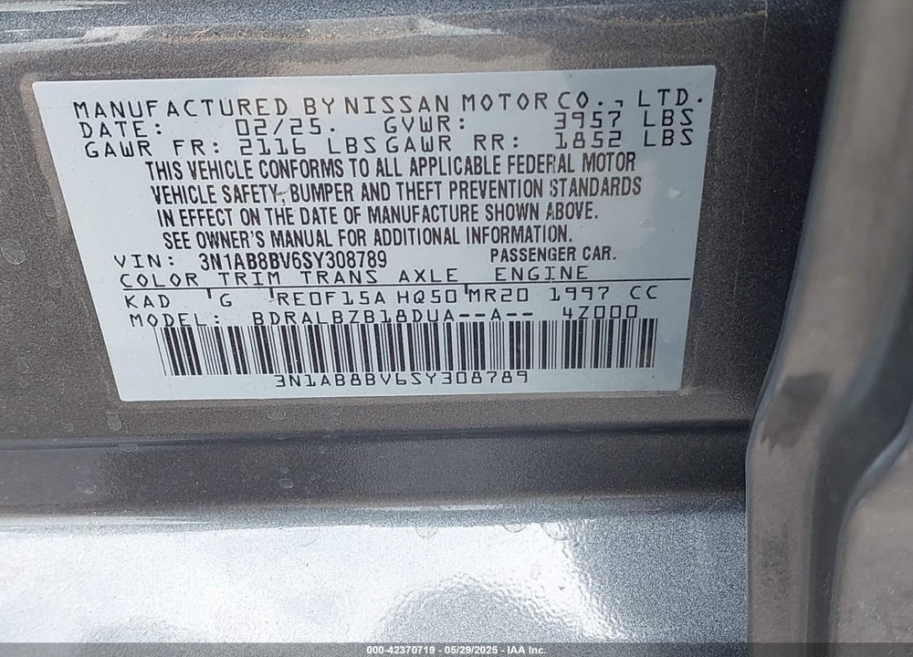 2025 NISSAN SENTRA S VIN: 3N1AB8BV6SY308789