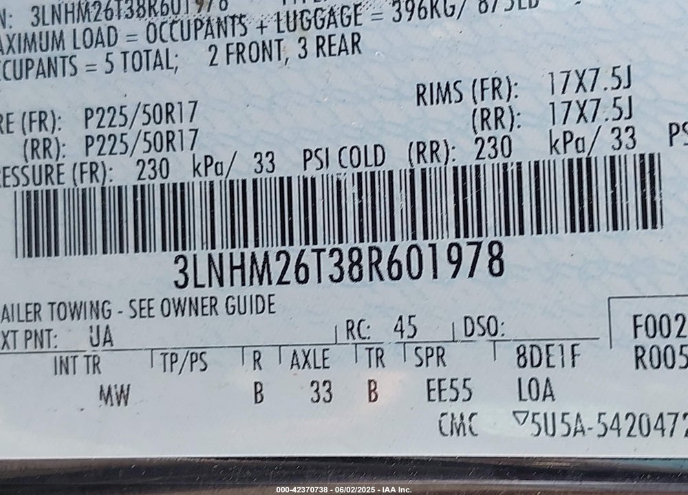 2008 LINCOLN MKZ VIN: 3LNHM26T38R601978