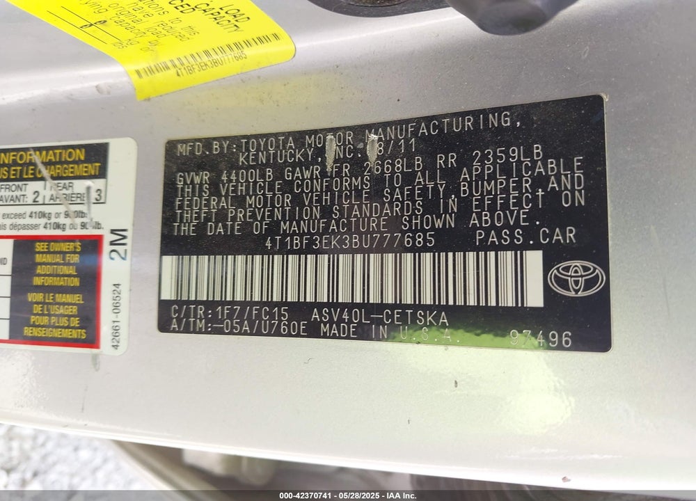 2011 TOYOTA CAMRY VIN: 4T1BF3EK3BU777685