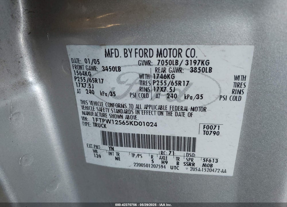 2005 FORD F-150 LARIAT/XLT VIN: 1FTPW12565KD01024