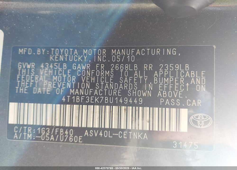 2011 TOYOTA CAMRY LE VIN: 4T1BF3EK7BU149449