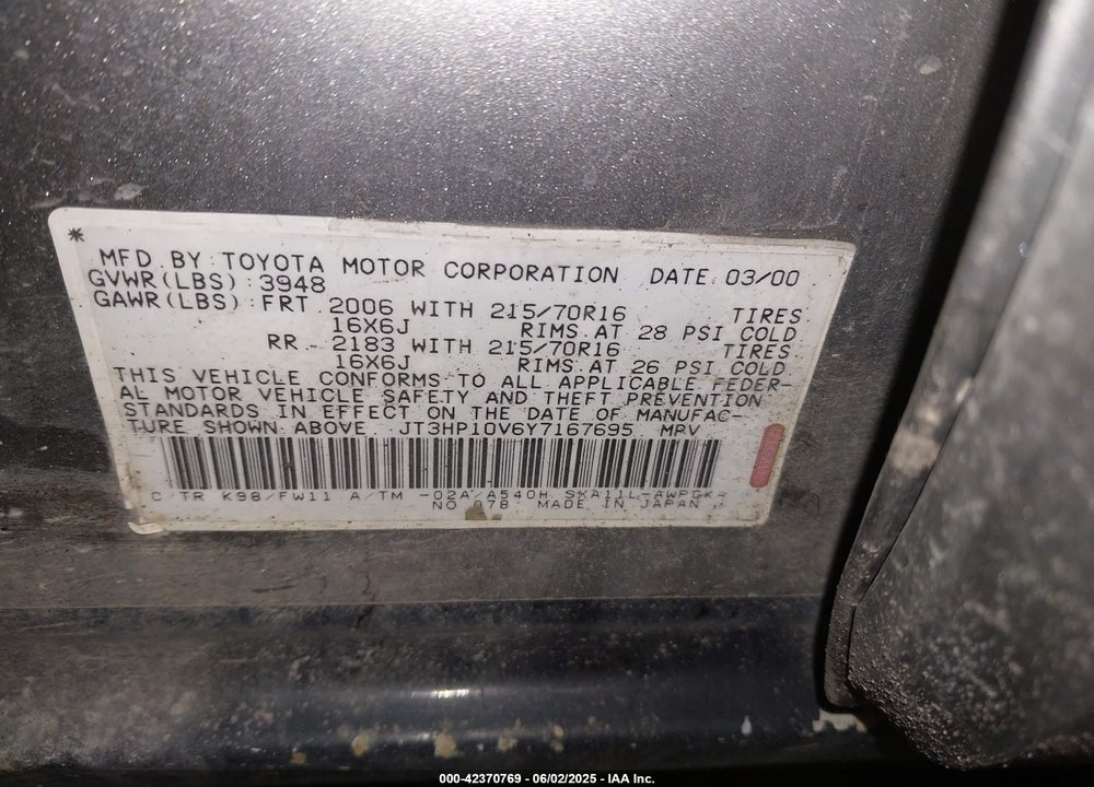 2000 TOYOTA RAV4 VIN: JT3HP10V6Y7167695