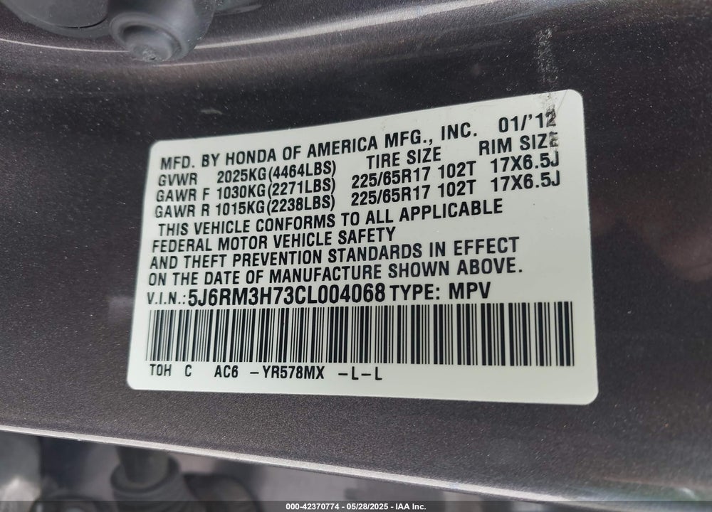 2012 HONDA CR-V EX-L VIN: 5J6RM3H73CL004068