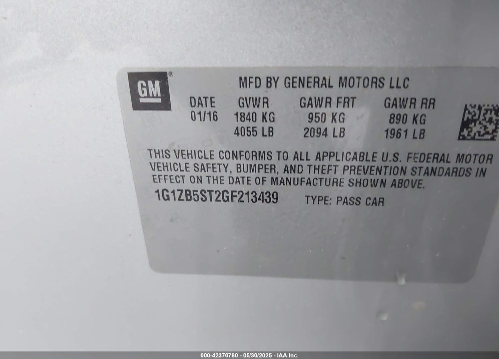 2016 CHEVROLET MALIBU VIN: 1G1ZB5ST2GF213439