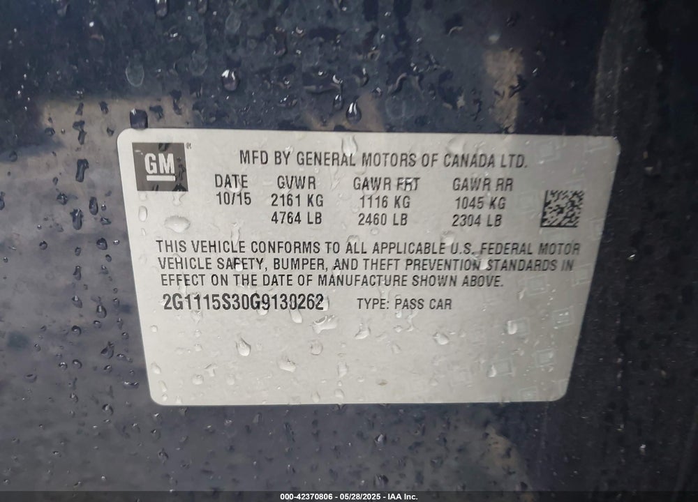 2016 CHEVROLET IMPALA VIN: 2G1115S30G9130262