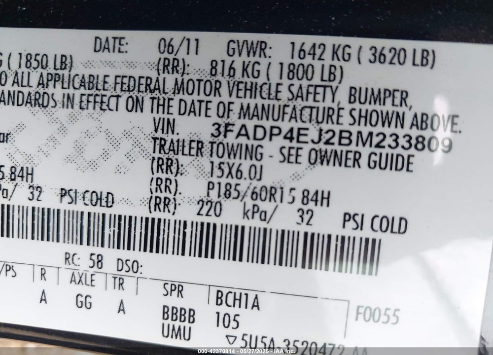 2011 FORD FIESTA VIN: 3FADP4EJ2BM233809