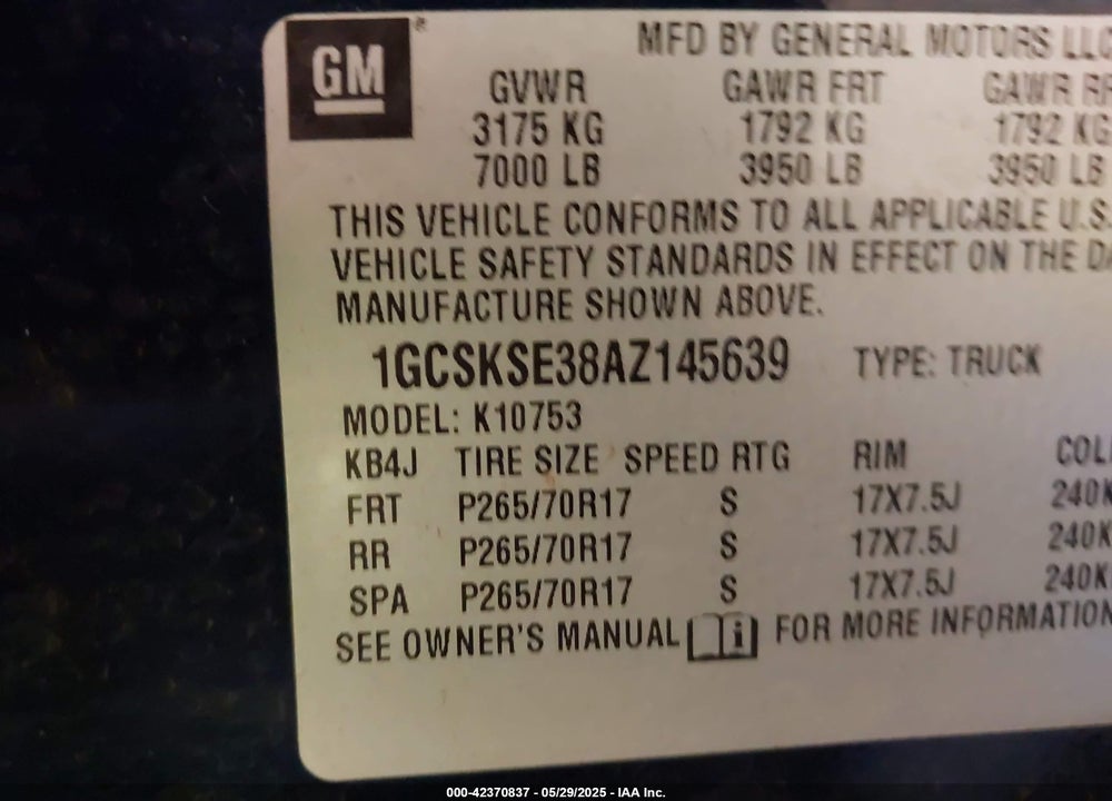 2010 CHEVROLET SILVERADO 1500 VIN: 1GCSKSE38AZ145639