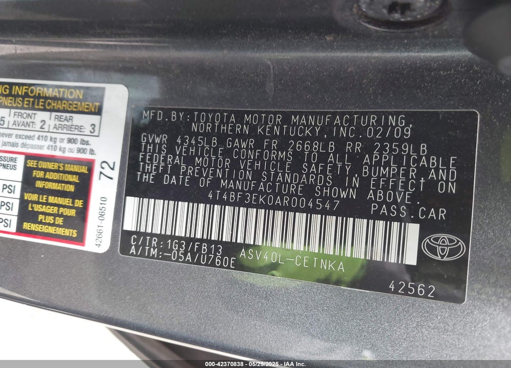 2010 TOYOTA CAMRY VIN: 4T4BF3EK0AR004547