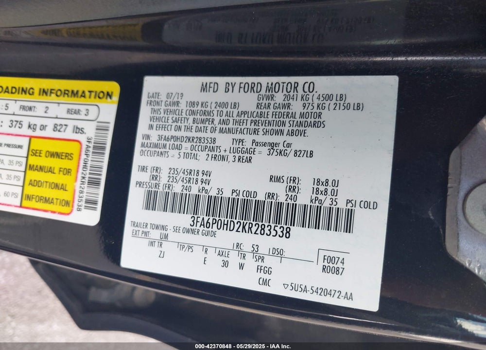 2019 FORD FUSION VIN: 3FA6P0HD2KR283538