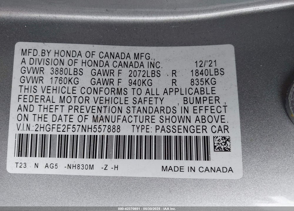 2022 HONDA CIVIC VIN: 2HGFE2F57NH557888