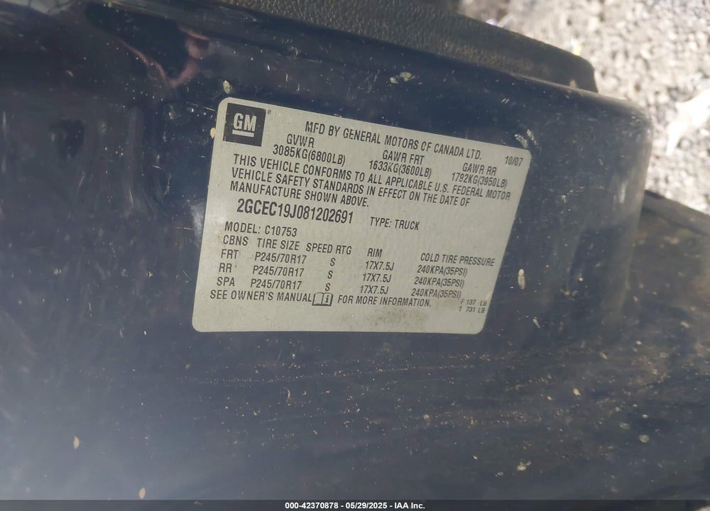 2008 CHEVROLET SILVERADO VIN: 2GCEK19J181220345