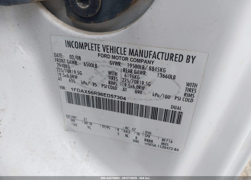 2008 FORD F-550 CHASSIS LARIAT/XL/XLT VIN: 1FDAX56R98ED57304