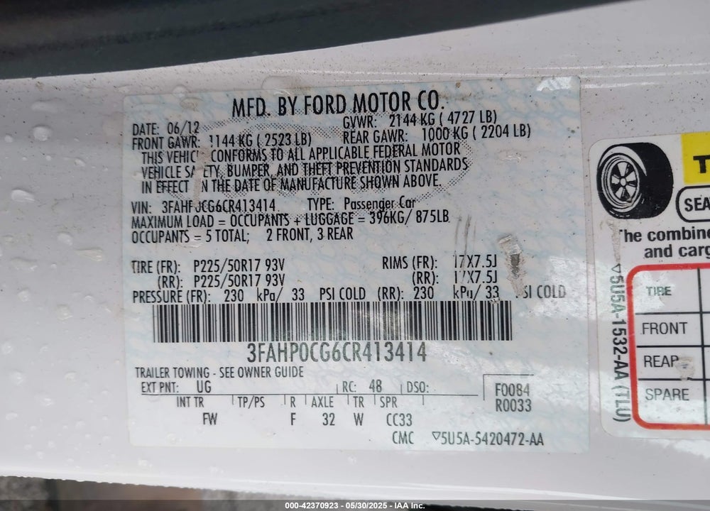2012 FORD FUSION VIN: 3FAHP0CG6CR413414