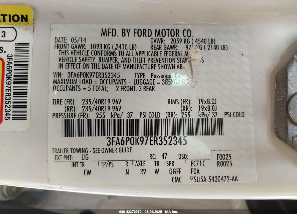 2014 FORD FUSION VIN: 3FA6P0K97ER352345