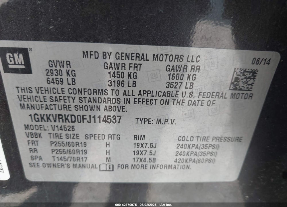 2015 GMC ACADIA VIN: 1GKKVRKD0FJ114537