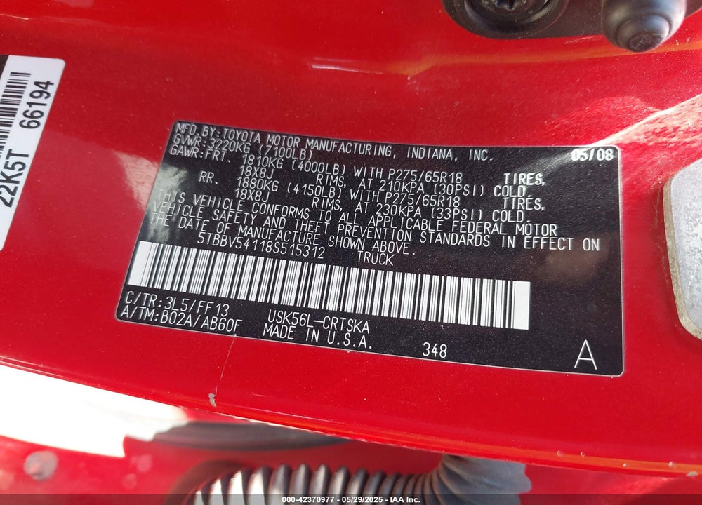2008 TOYOTA TUNDRA SR5 5.7L V8 VIN: 5TBBV54118S515312