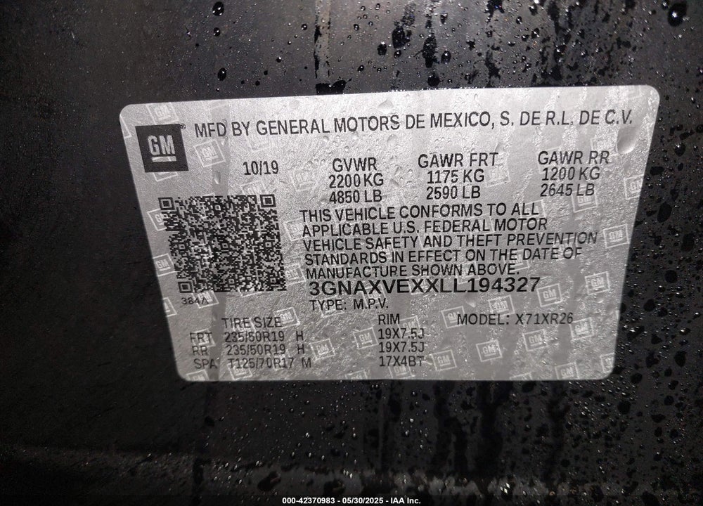 2020 CHEVROLET EQUINOX VIN: 3GNAXVEXXLL194327
