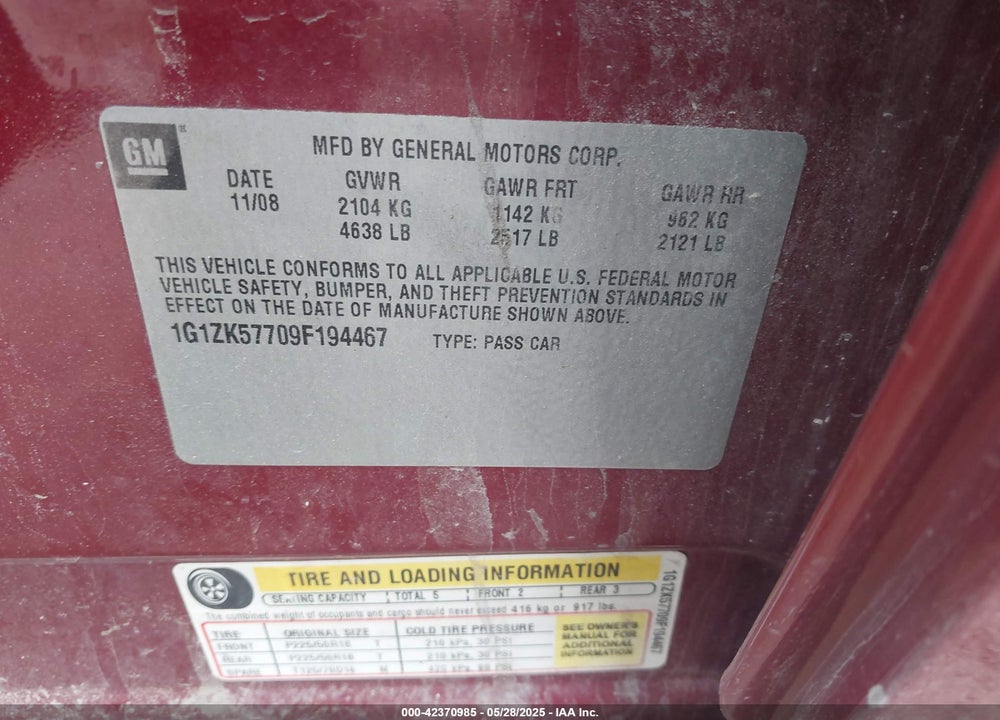 2009 CHEVROLET MALIBU VIN: 1G1ZK57709F194467