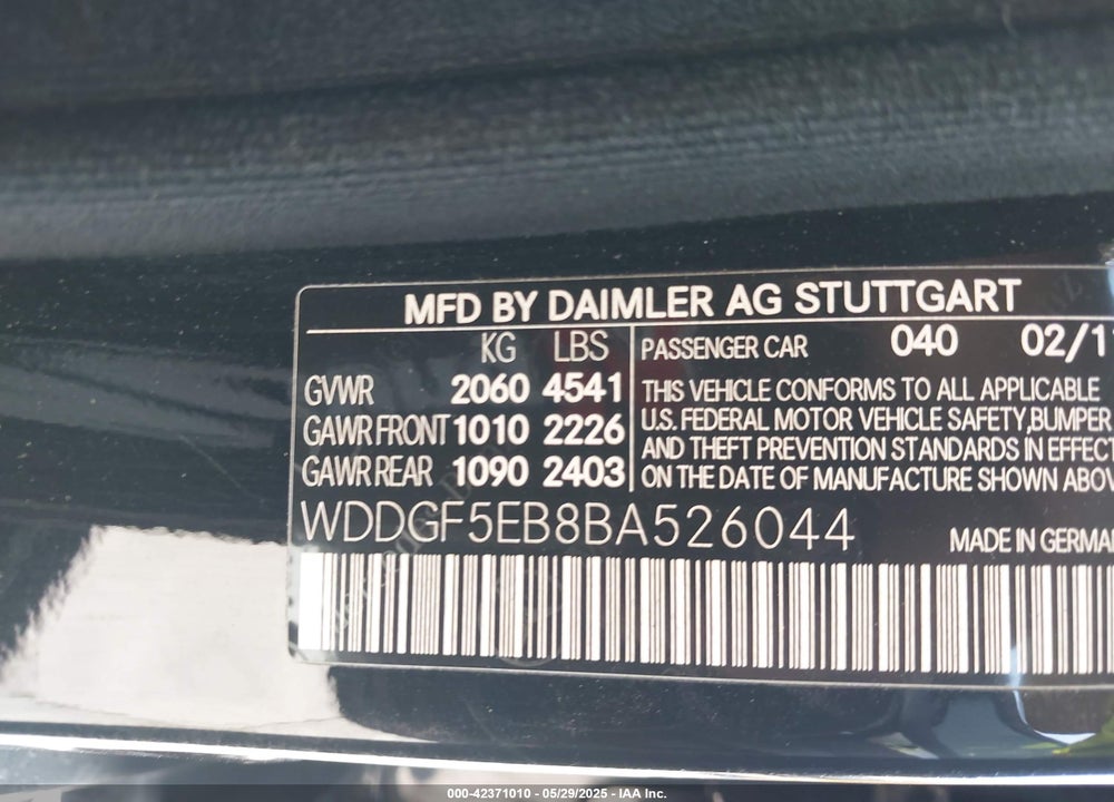 2011 MERCEDES-BENZ C VIN: WDDGF5EB8BA526044