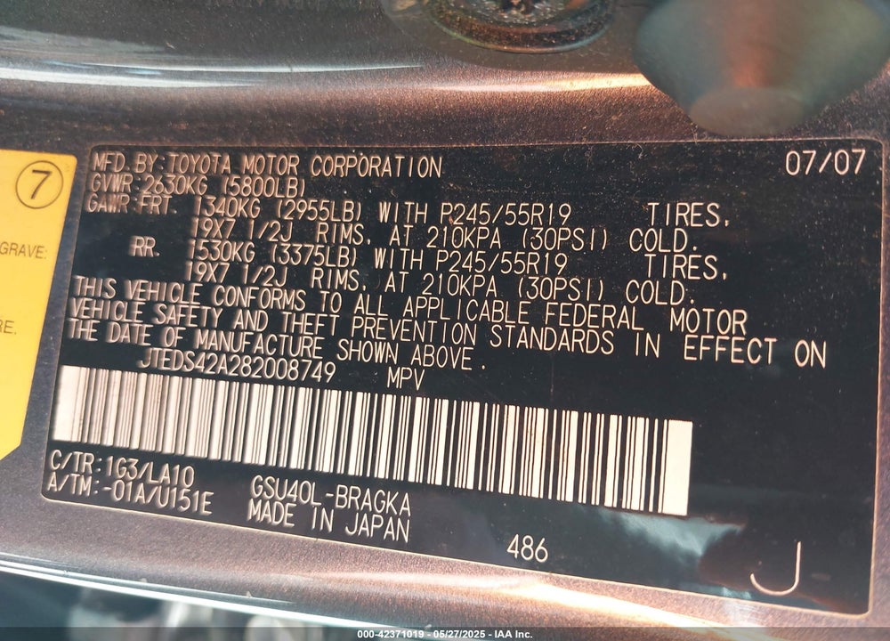 2008 TOYOTA HIGHLANDER VIN: JTEDS42A282008749
