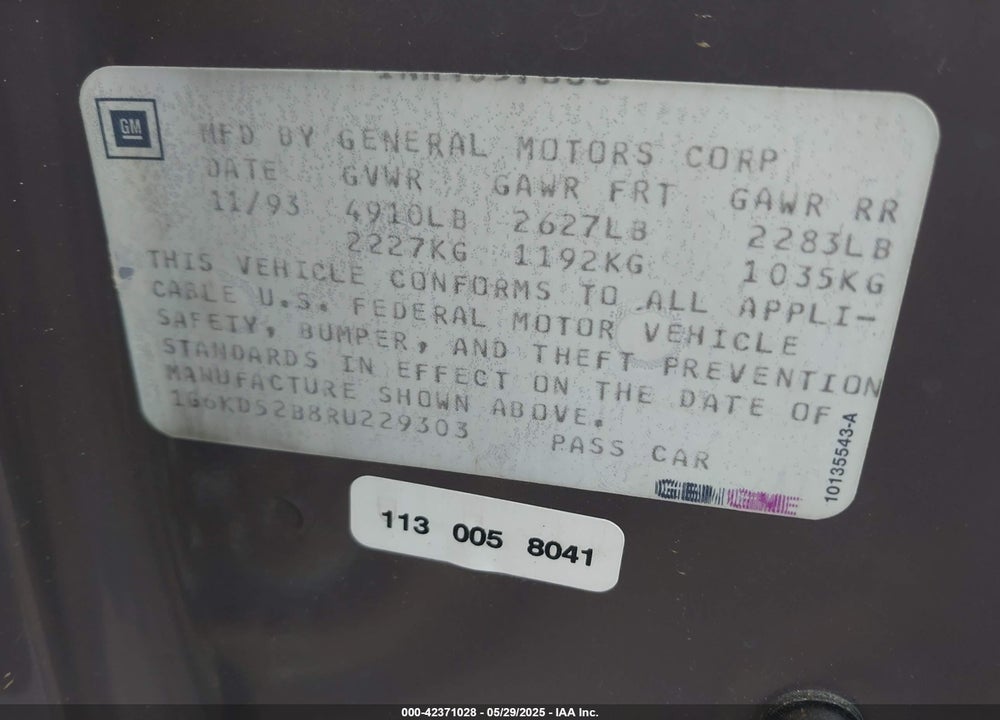 1994 CADILLAC DEVILLE VIN: 1G6KD52B8RU229303