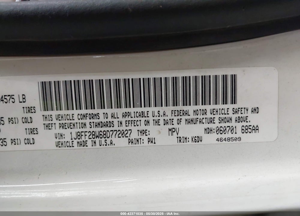 2008 JEEP PATRIOT VIN: 1J8FF28W68D772027