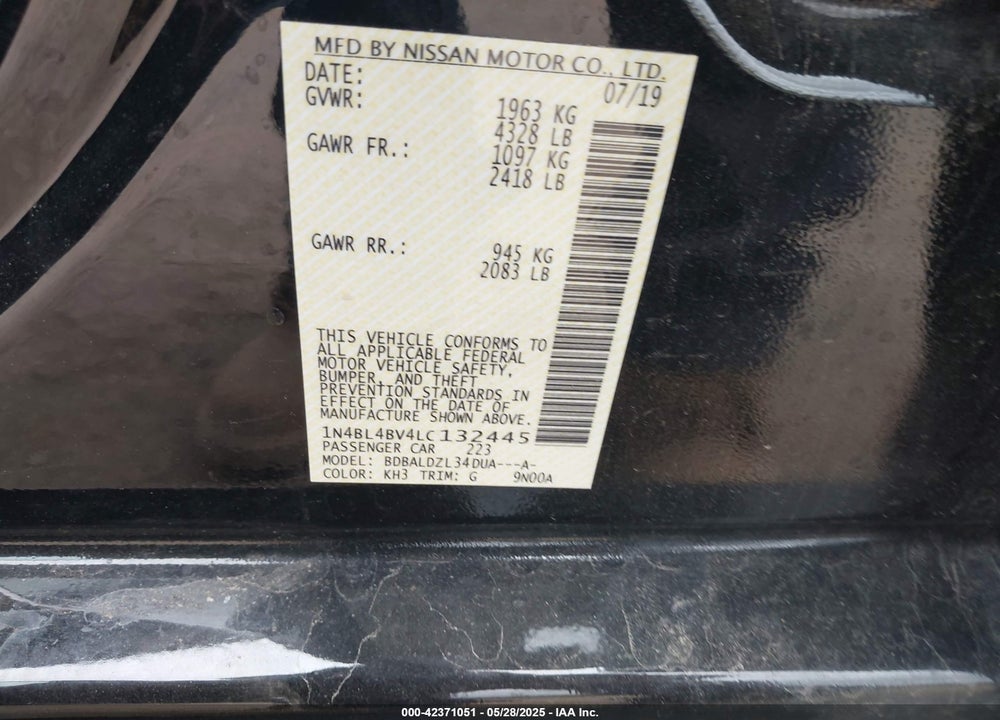 2020 NISSAN ALTIMA VIN: 1N4BL4BV4LC132445