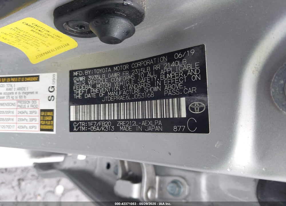 2020 TOYOTA COROLLA VIN: JTDEPRAE6LJ053168