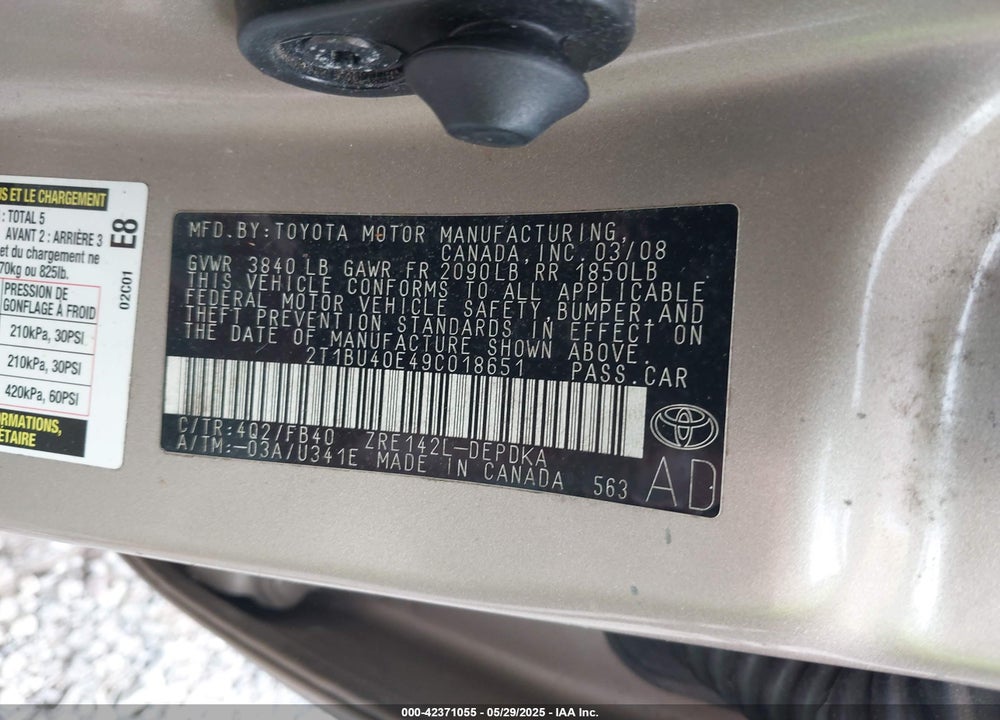2009 TOYOTA COROLLA VIN: 2T1BU40E49C018651