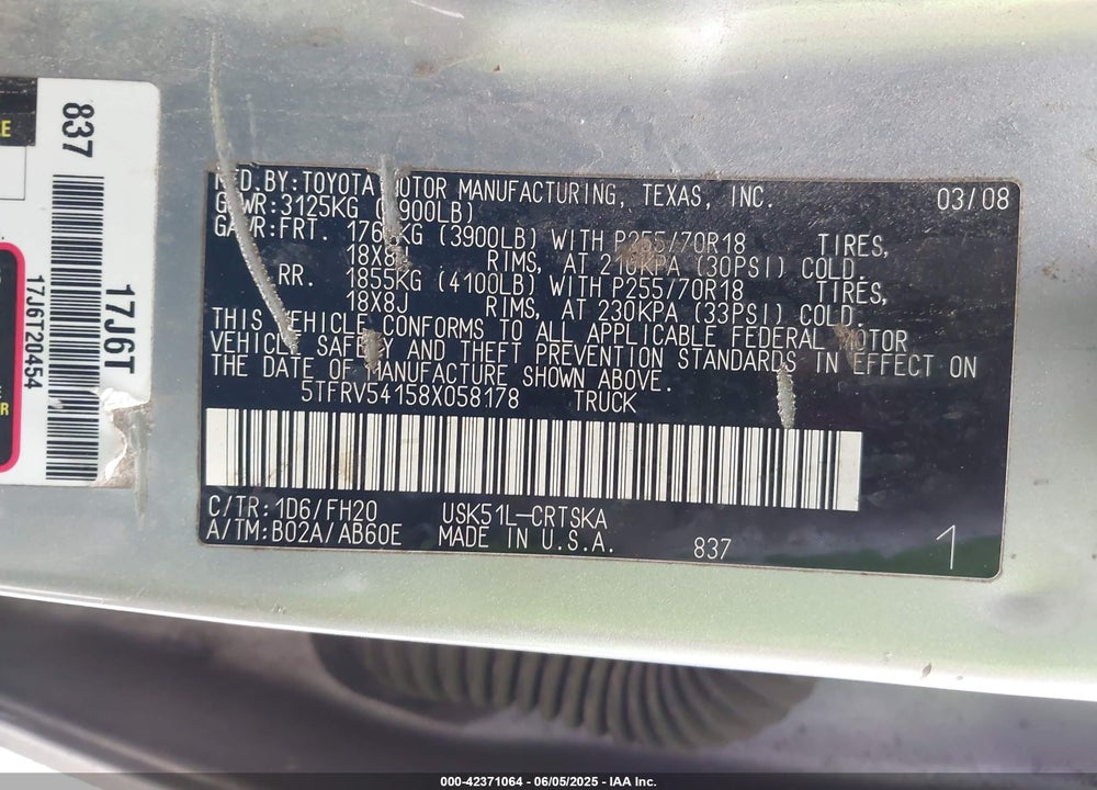 2008 TOYOTA TUNDRA BASE 5.7L V8 VIN: 5TFRV54158X058178