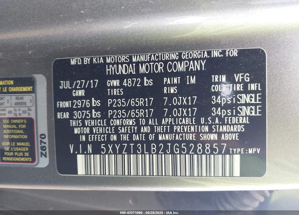 2018 HYUNDAI SANTA FE SPORT 2.4L VIN: 5XYZT3LB2JG528857