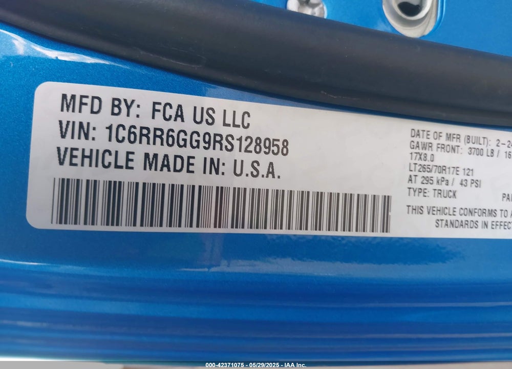 2024 RAM 1500 CLASSIC VIN: 1C6RR6GG9RS128958