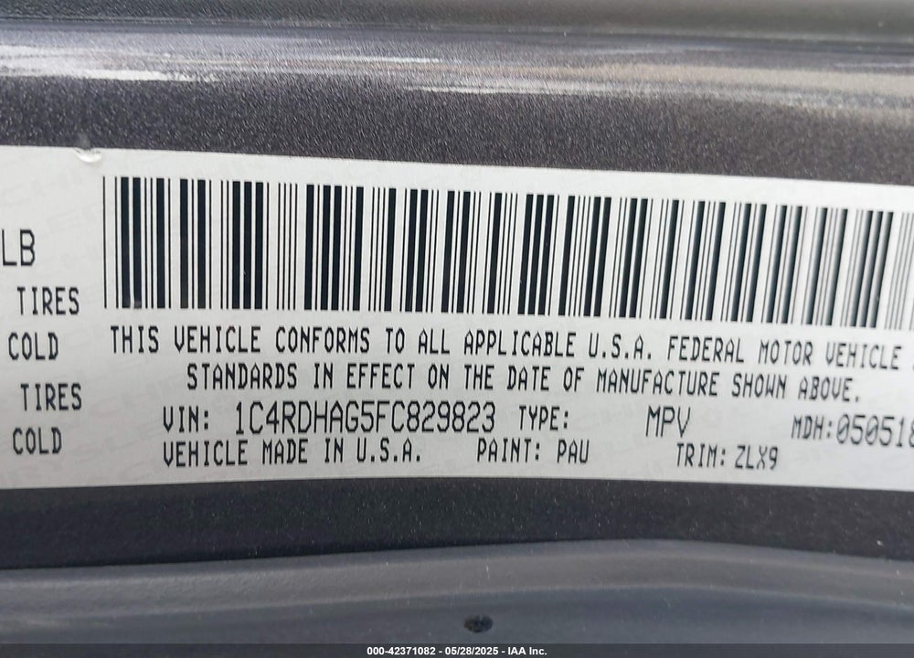 2015 DODGE DURANGO SXT VIN: 1C4RDHAG5FC829823