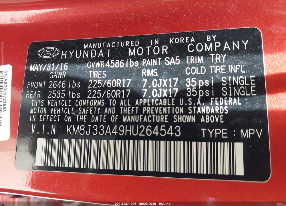 2017 HYUNDAI TUCSON SE VIN: KM8J33A49HU264543