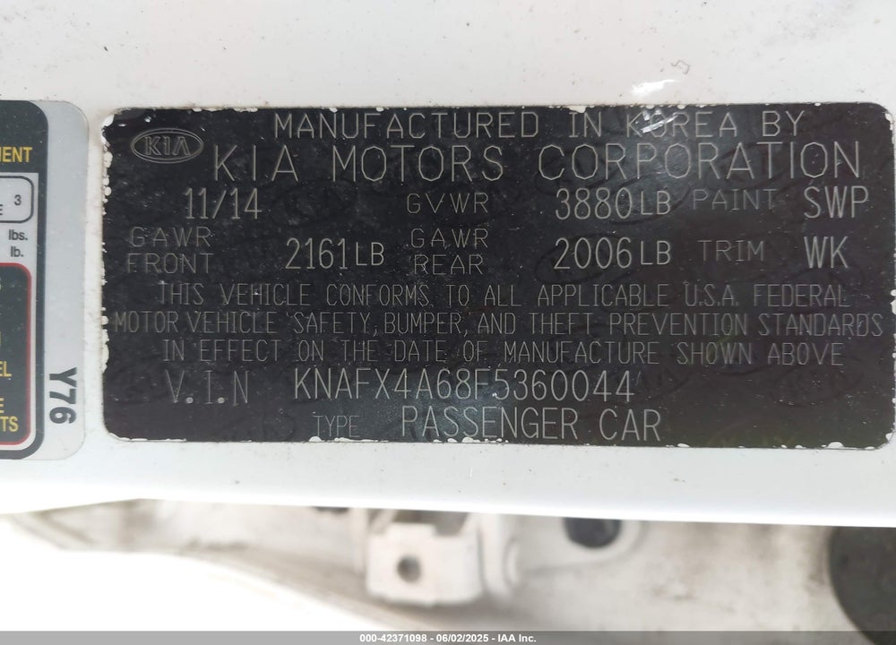 2015 KIA FORTE VIN: KNAFX4A68F5360044