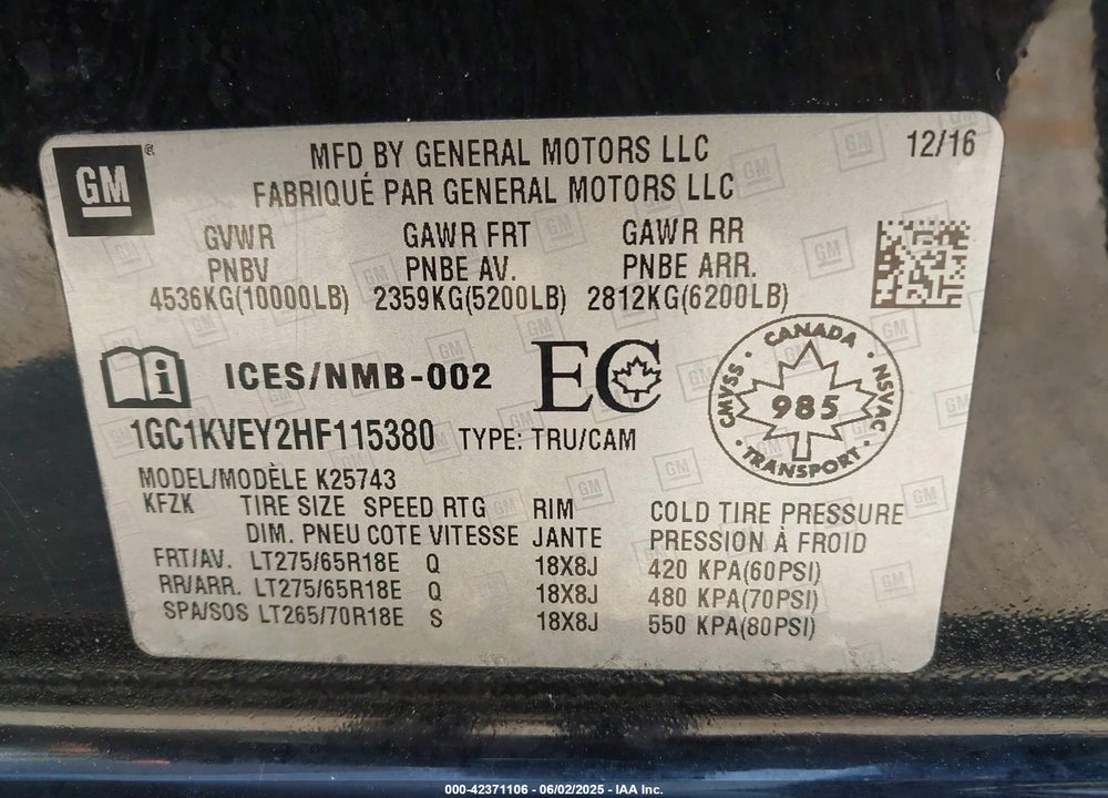 2017 CHEVROLET SILVERADO VIN: 1GC1KVEY2HF115380