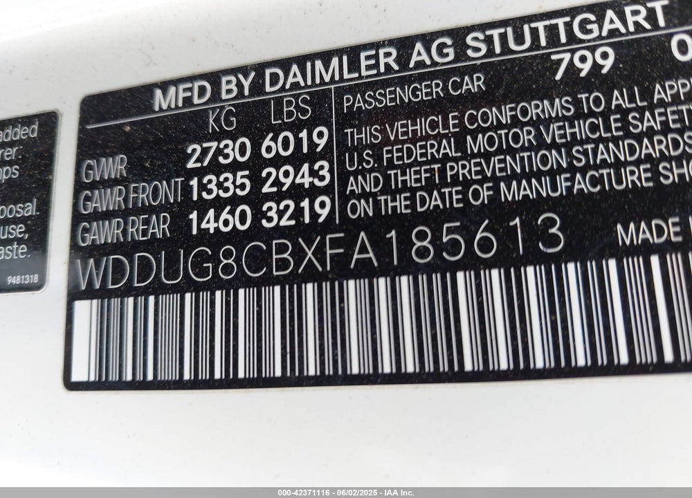 2015 MERCEDES-BENZ S CLASS VIN: WDDUG8CBXFA185613